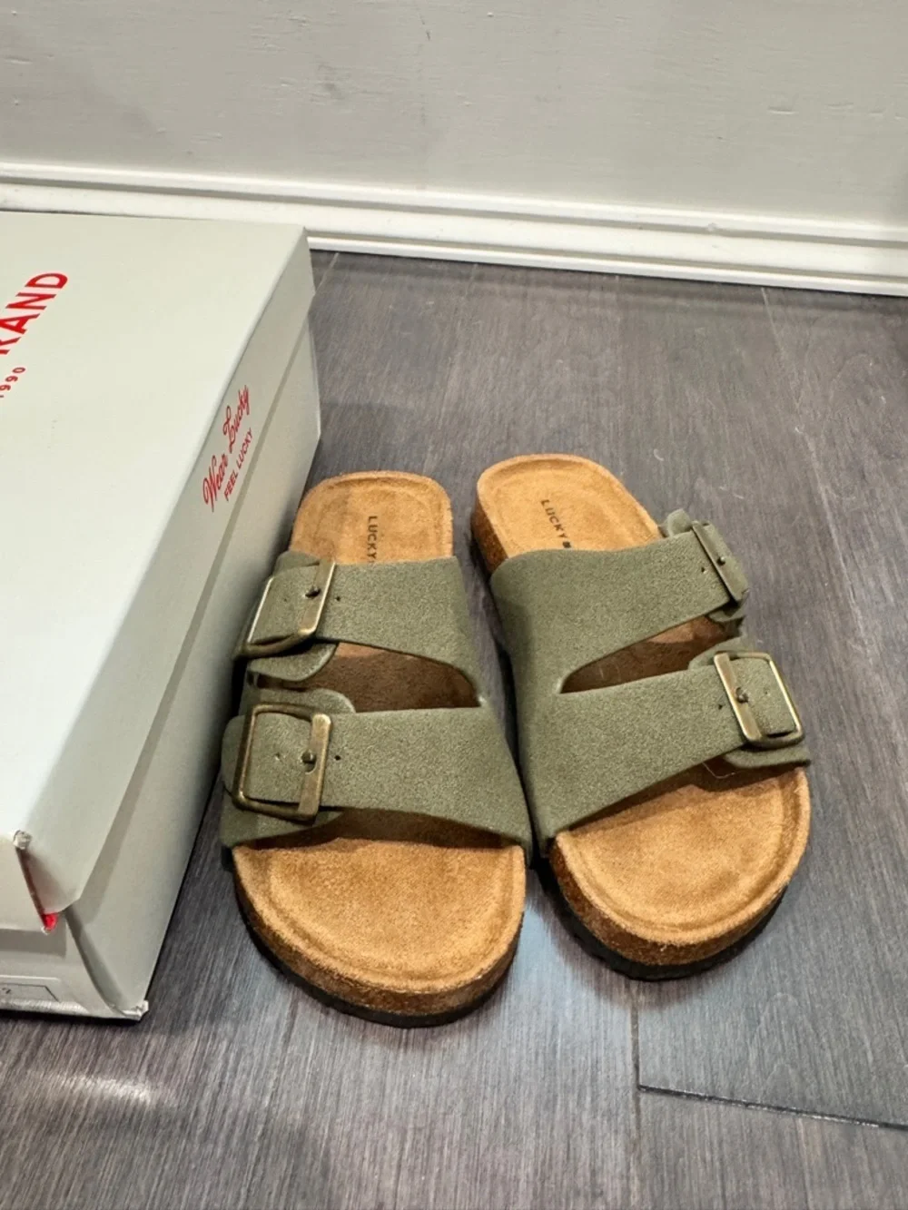 NWT Lucky Brand Girls Toddl Size 12 Olive Green Double-Buckle Slide Sandals Kids